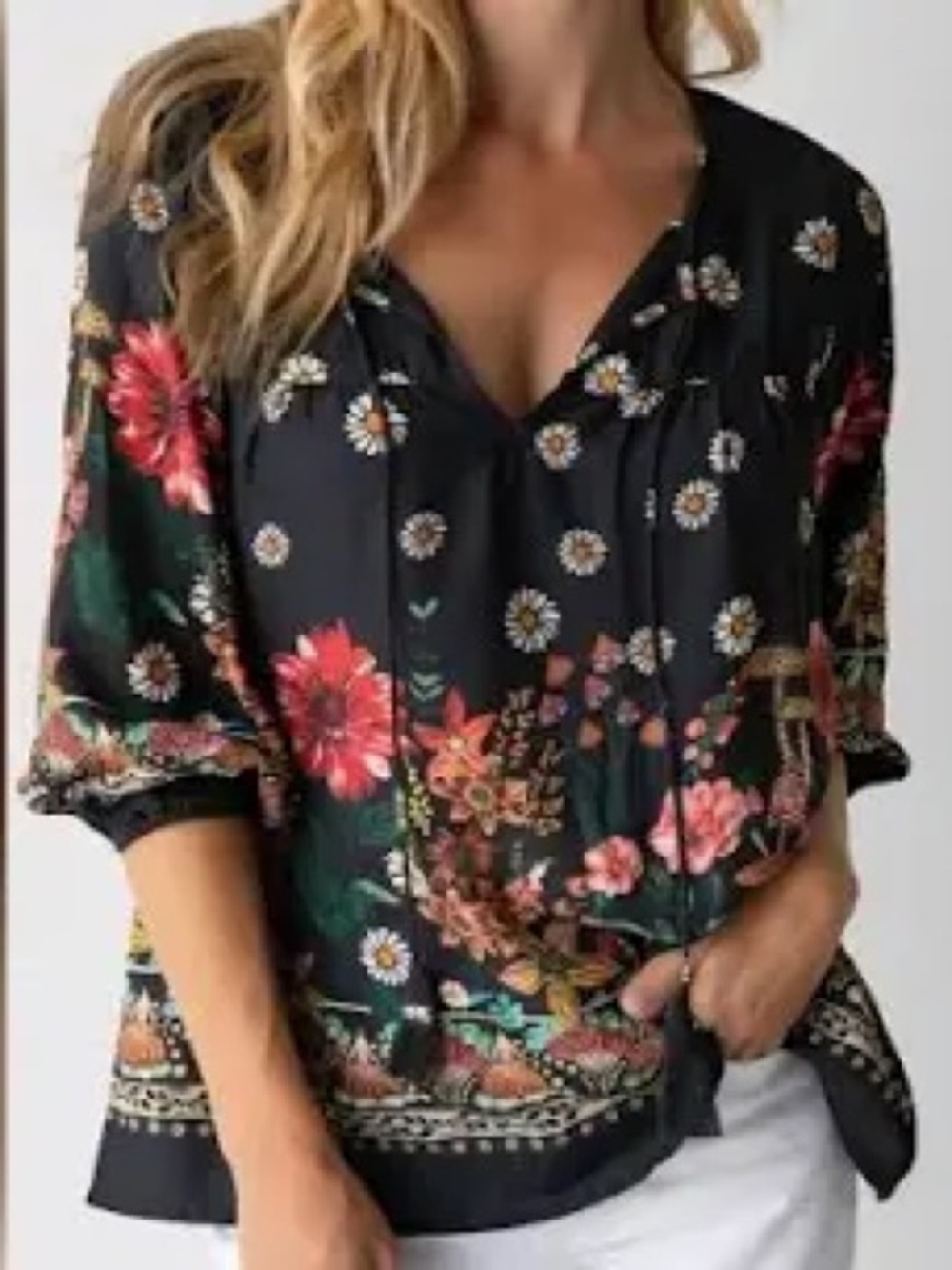 NATURAL LIFE Black Floral V-Neck Peasant Blouse